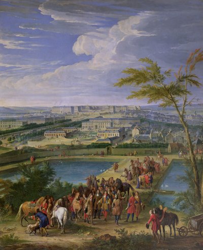 Die Stadt und das Schloss von Versailles vom Butte de Montboron, wo Ludwig XIV. (1638-1715) mit Louvois, Mansart und Le Notre das Wasser von der Marly-Maschine in die Reservoirs fließen sah, 1688 von Jean Baptiste Martin